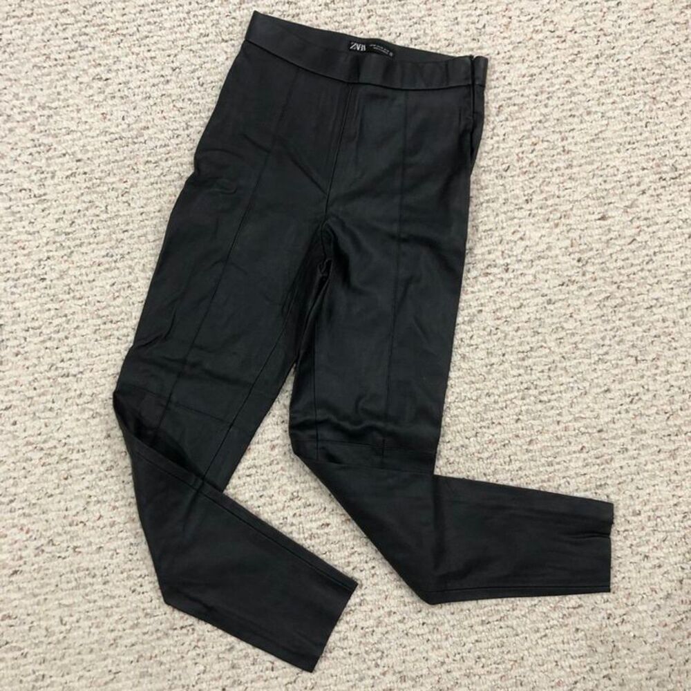 New W/O Tags Zara Black Faux Leather High Waist Side Zipper Legging Pants XSmall